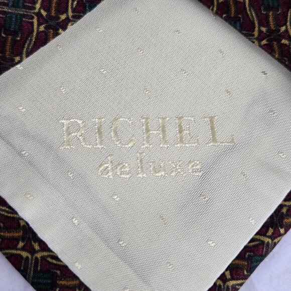 Richel Deluxe 100% Silk Men's Tie Red Gold Green Interlocking Pattern - Picture 5 of 6